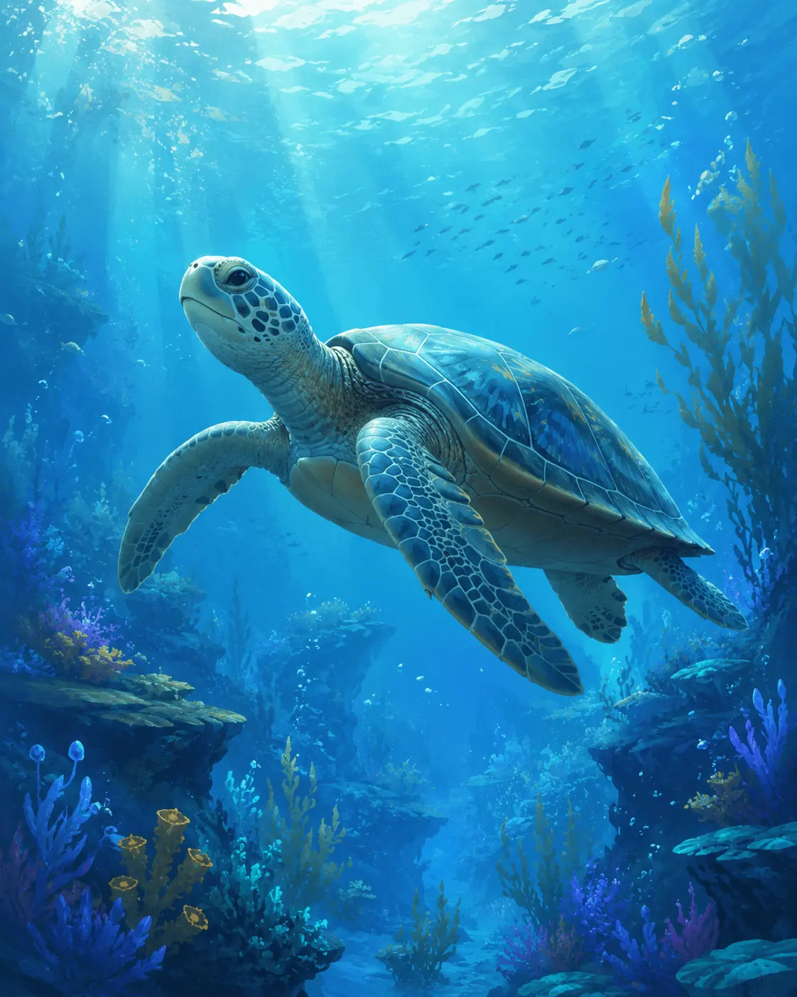 海龜在清澈海水中平穩游動